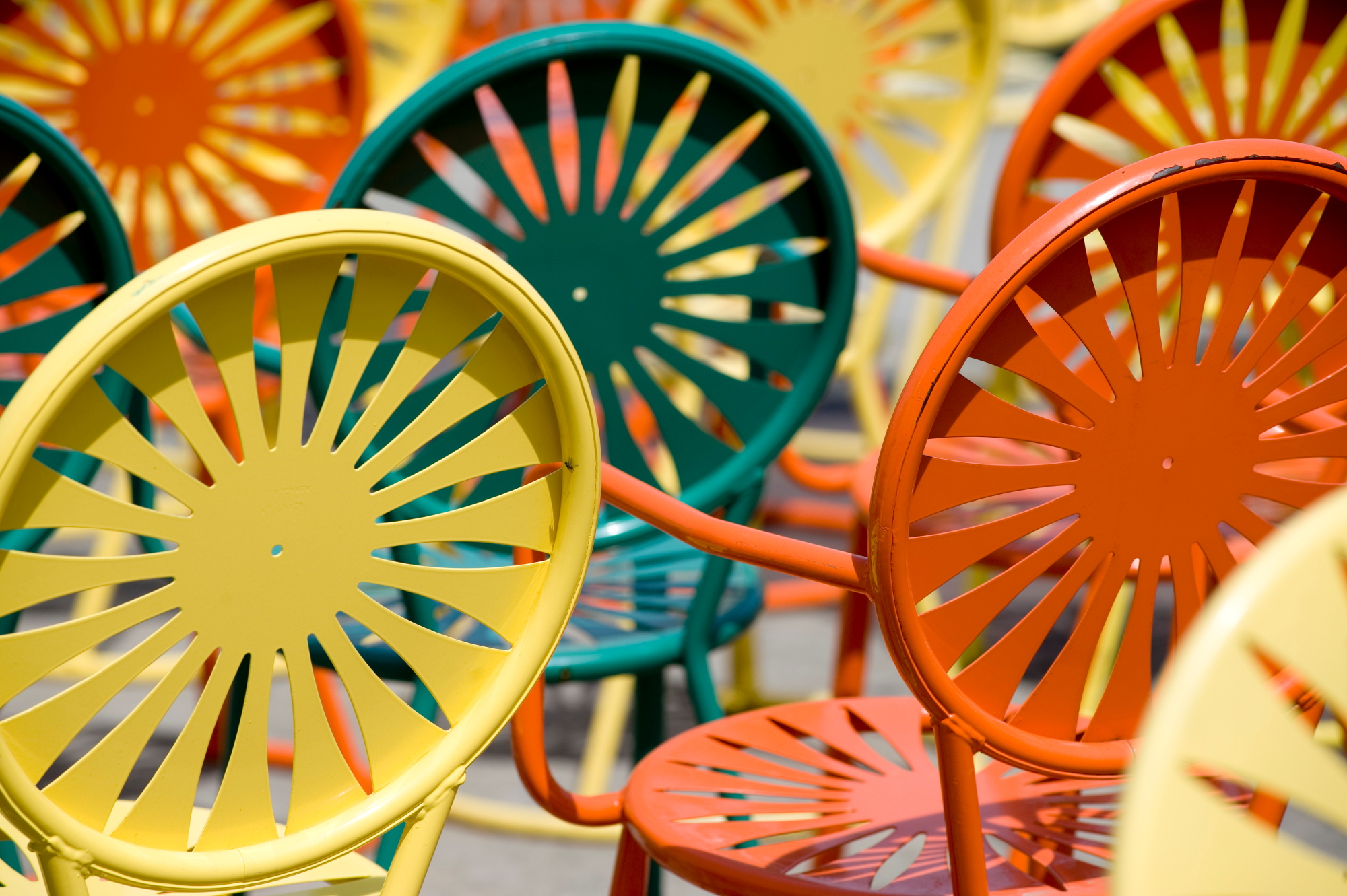 Memorial Union Terrace Chairs, yellow, green, and orange